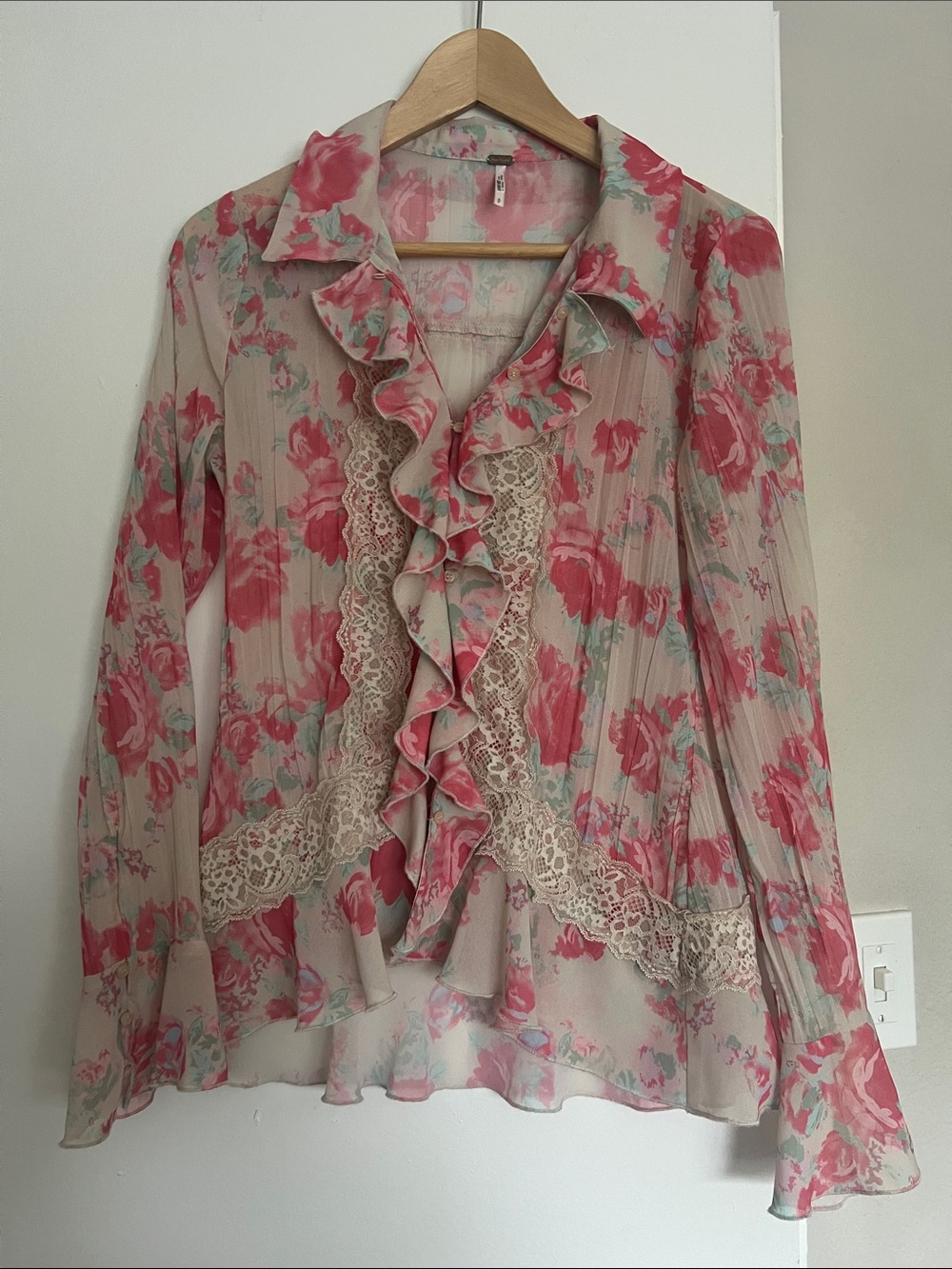Free People Cream Blouse with Pink Floral Ruffle & Lace Trim
